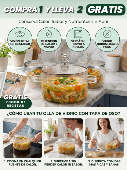 OLLA DE VIDRIO CON TAPA DE OSO - COMPRA 1 Y LLEVA 2 GRATIS + EBOOK