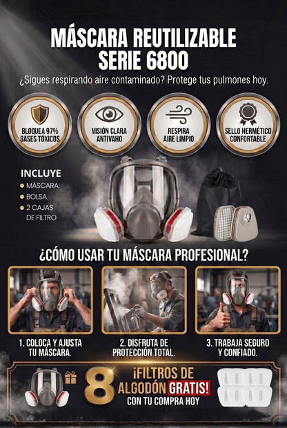 MÁSCARA DE CARA COMPLETA SERIE 6800 - GRATIS 8 FILTROS DE ALGODÓN